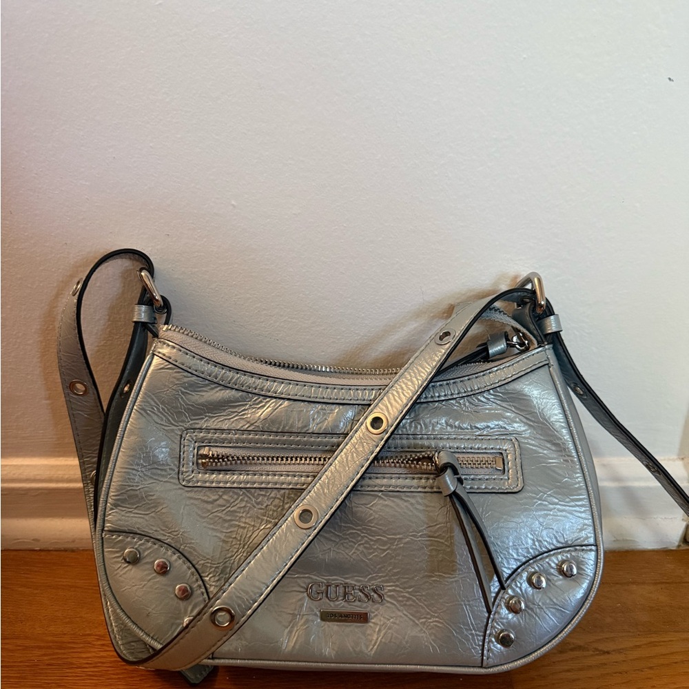 Guess Distressed Blue Metallic Chanera Mini Shoulder Bag